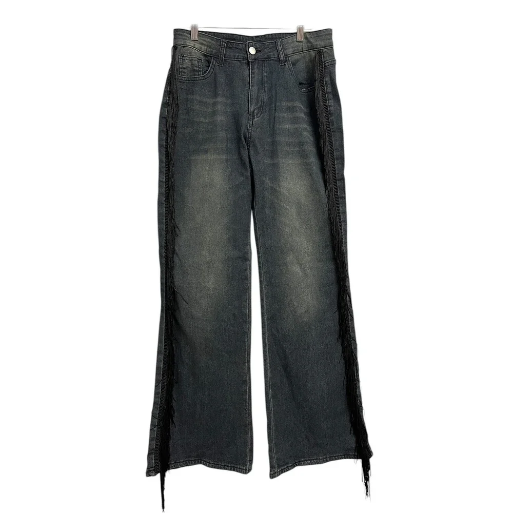 Unbranded‎ Fringe Side Wide Leg Jeans Women Size M Black Western Boho Festival